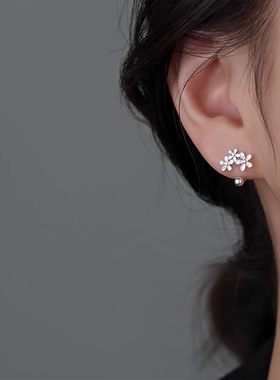 925银针花朵弯钩耳钉女小众设计螺丝拧养耳洞耳环轻奢高级感耳饰