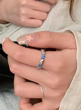 蓝色爱心戒指女拉丝心形指环