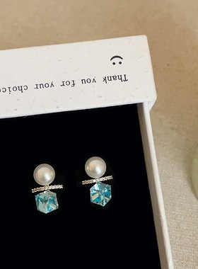925银针蓝色方糖珍珠耳钉女轻奢小众设计高级感独特气质锆石耳环