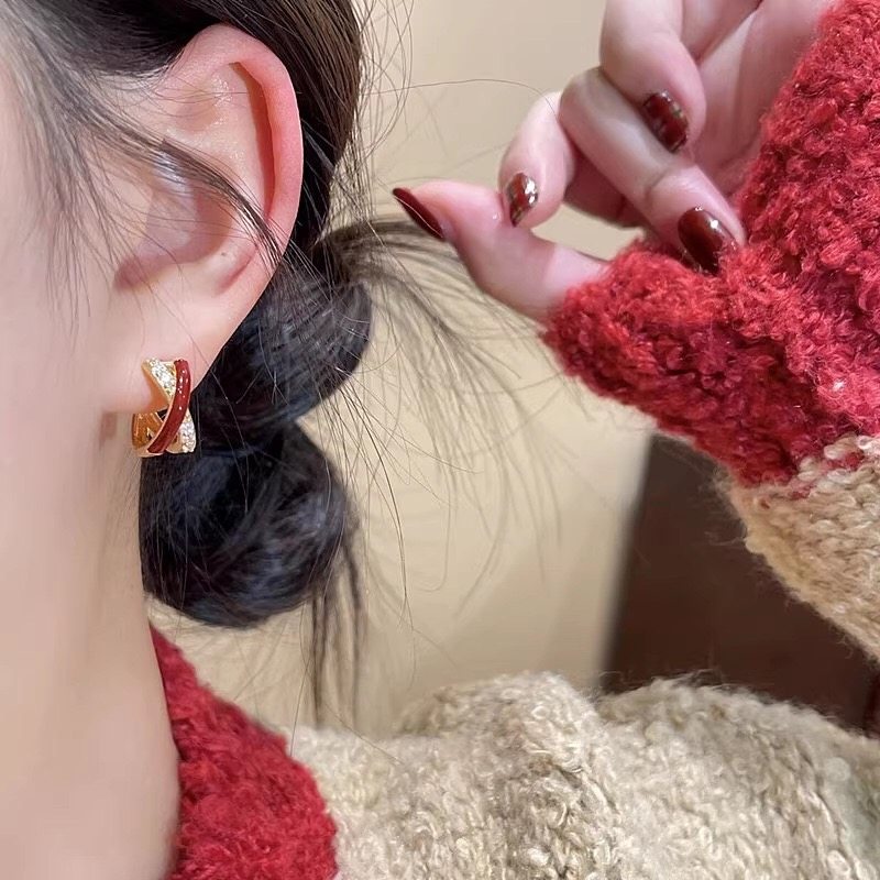 安可拉红色交叉耳扣女小众设计高级感复古圆圈耳环爆款百搭耳饰