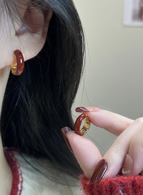 法式复古安可拉红色圆圈耳环女小众高级感金色耳扣耳圈独特耳饰