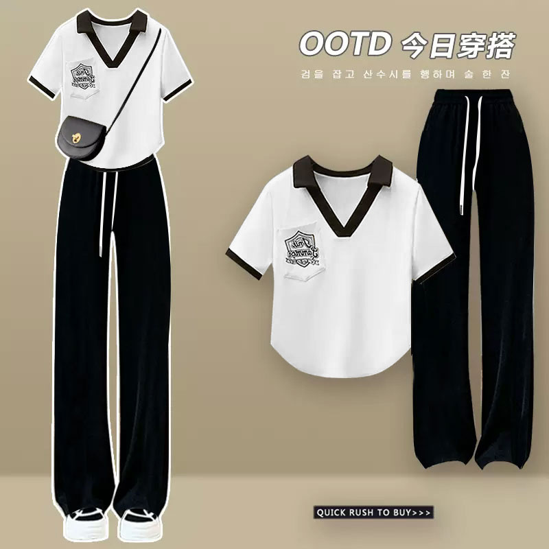 여성을위한 폴로 칼라 반팔 여름 정장 2023 연령 감소 캐주얼 와이드 레그 팬츠 탑을위한 새로운 소금 스타일 투피스 세트