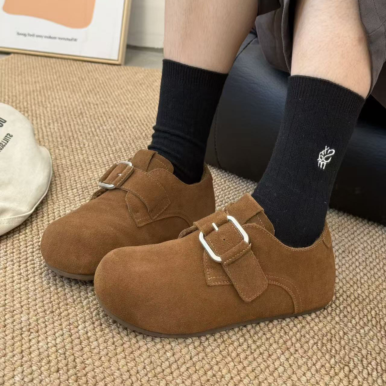 2025年新款秋冬加绒厚底增高女懒人一脚蹬包头鞋复古勃肯休闲女鞋