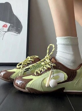 内增高复古百搭棒球德训鞋女秋季新款绿色休闲运动赛车阿甘鞋