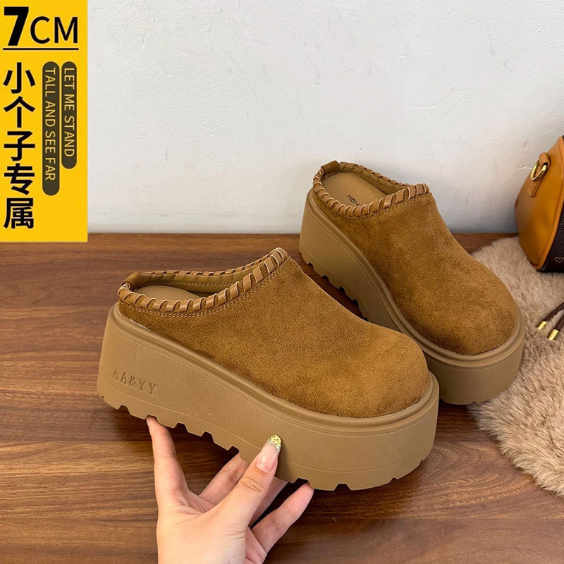 真皮厚底增高勃肯鞋一脚蹬包头拖鞋女外穿2025新款松糕女鞋半拖鞋