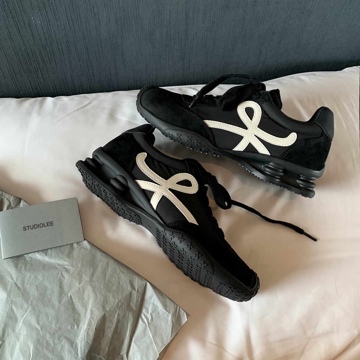 黑色拼接德训鞋女复古系带休闲百搭运动鞋德训风