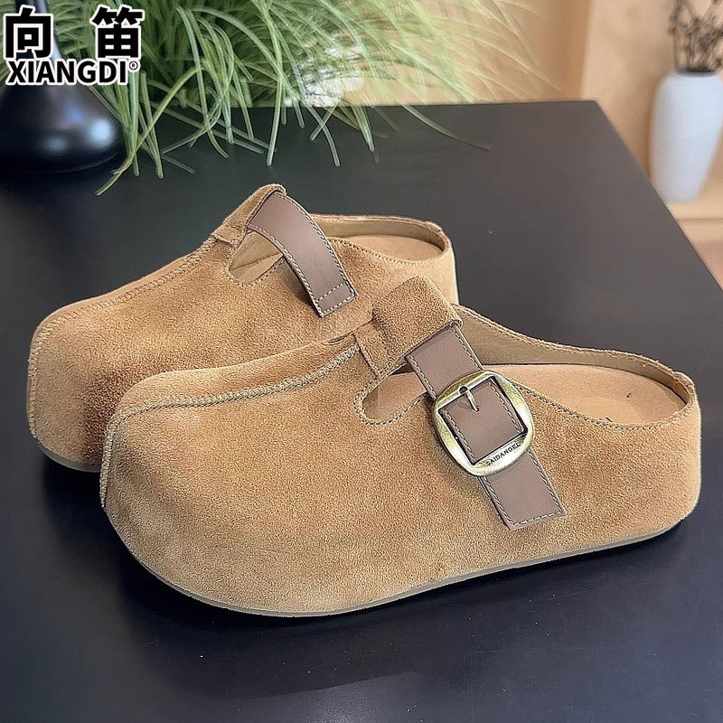 牛反绒勃肯鞋子女厚底外穿包头半拖鞋2025秋季新款一脚蹬懒人单鞋