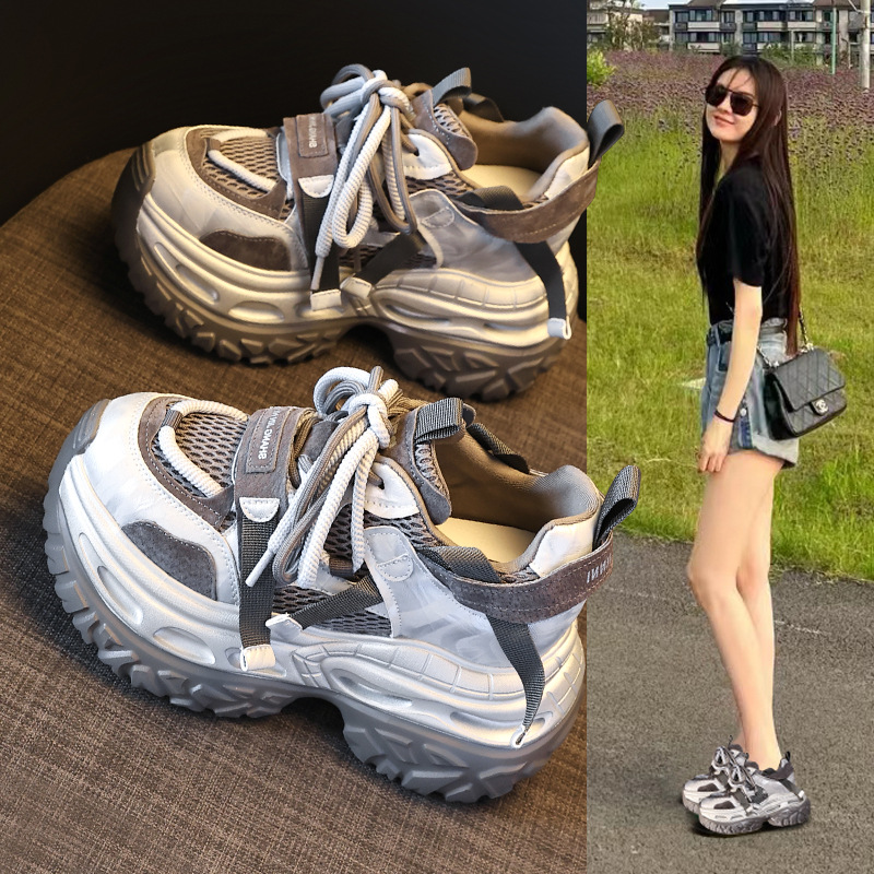 厚底内增高网面透气老爹鞋女2025秋季新款松糕运动休闲鞋