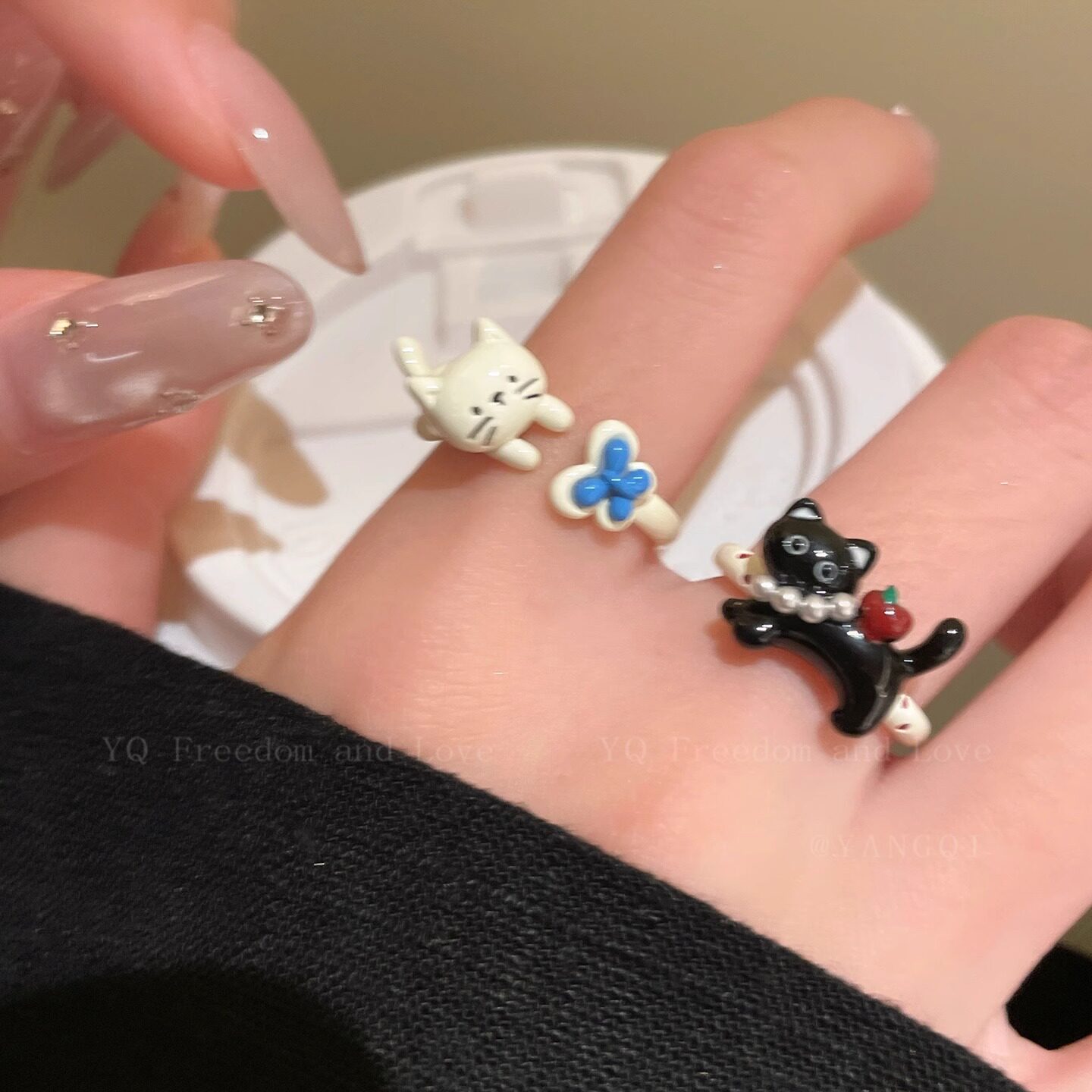 童趣可爱小猫滴釉戒指女小众设计感开口可调节食指戒卡通甜美指环