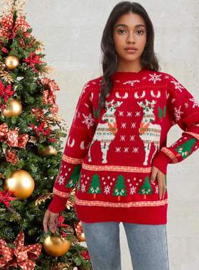 亚马逊秋冬欧美圣诞节大码针织衫女毛衣红色上衣毛针织衫套头