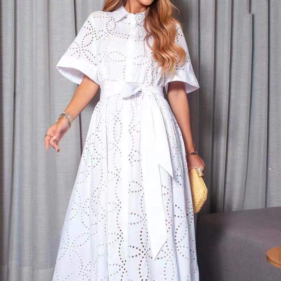 2023夏秋衬衫翻领短袖单排扣 腰带收腰镂空长款连衣裙女A字裙广州