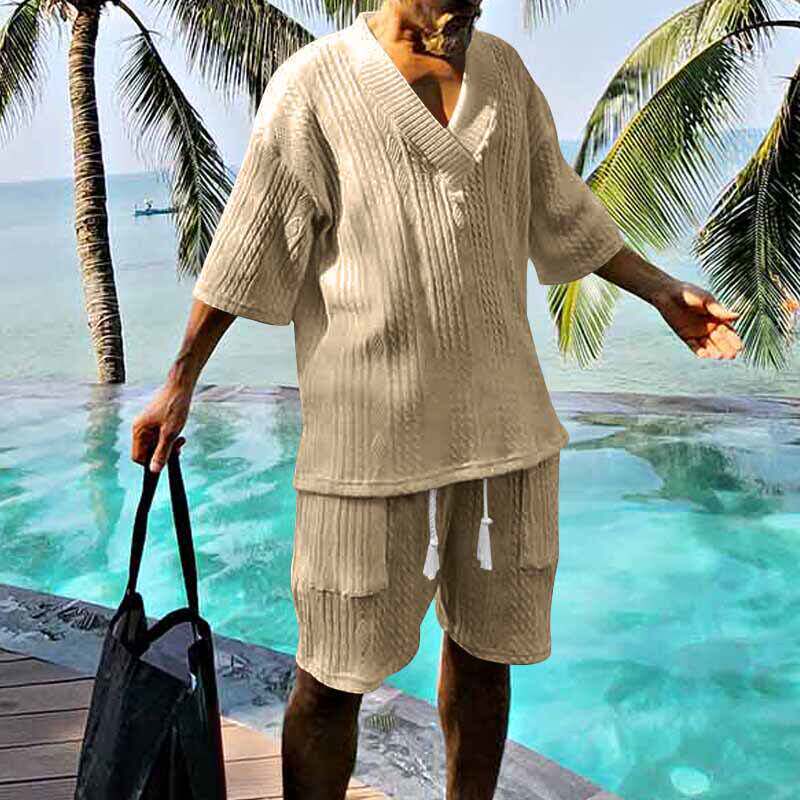 2024跨境休闲提花男夏宽松短袖t恤短裤V领运动套装两件套男装夏季