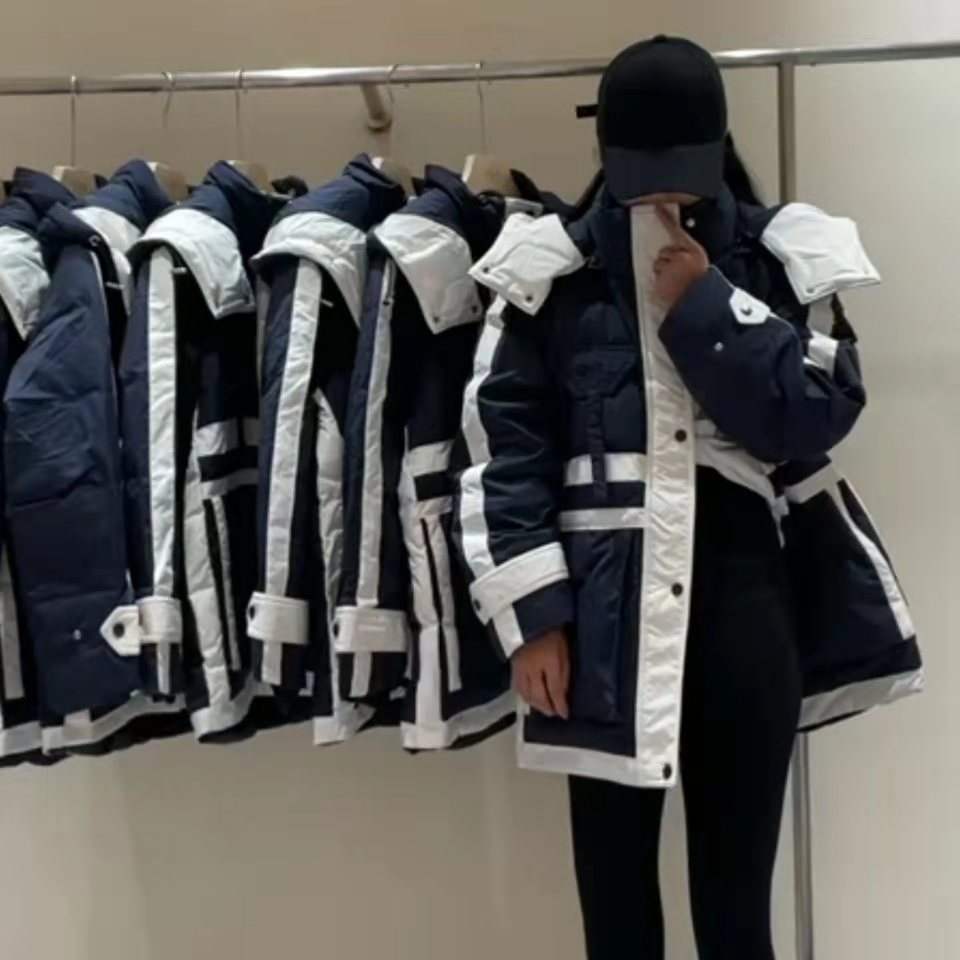 新款 韩版拼接派克服中长款羽绒羽绒服