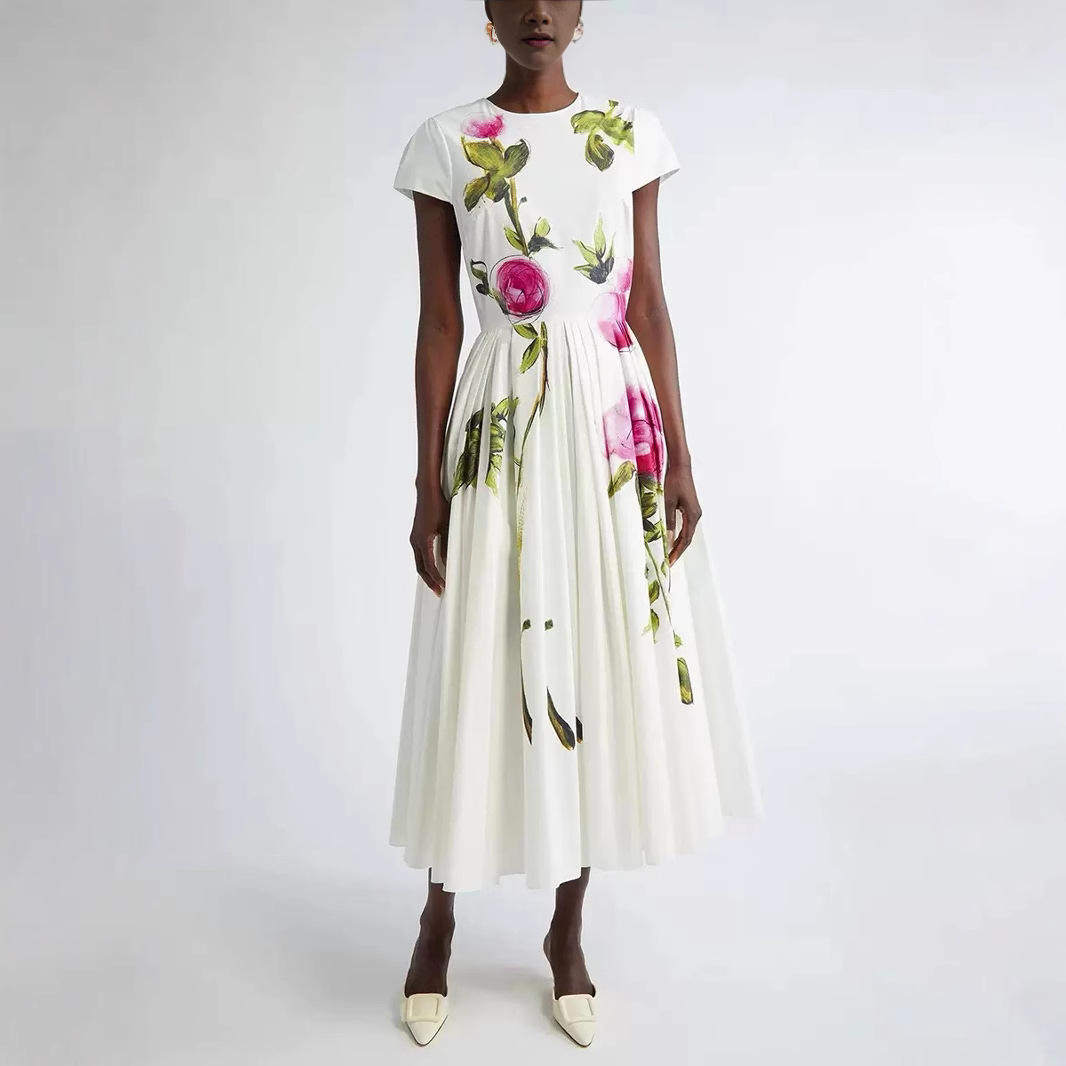 欧美春夏玫瑰花法式印花圆领飘逸短袖高腰显瘦连衣裙白色长裙单件