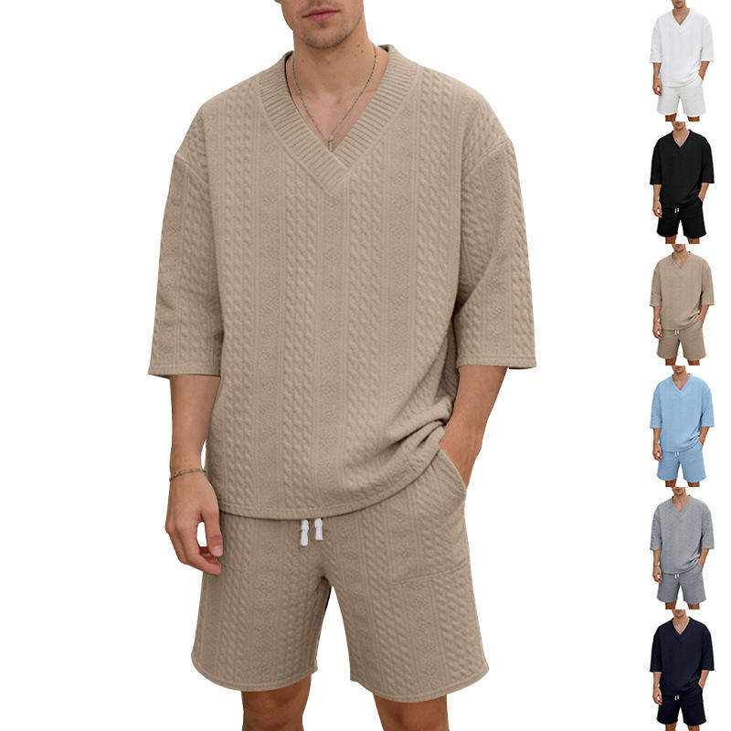 跨境独立站夏季男重磅休闲潮流V领落肩宽松大码运动短袖短裤套装