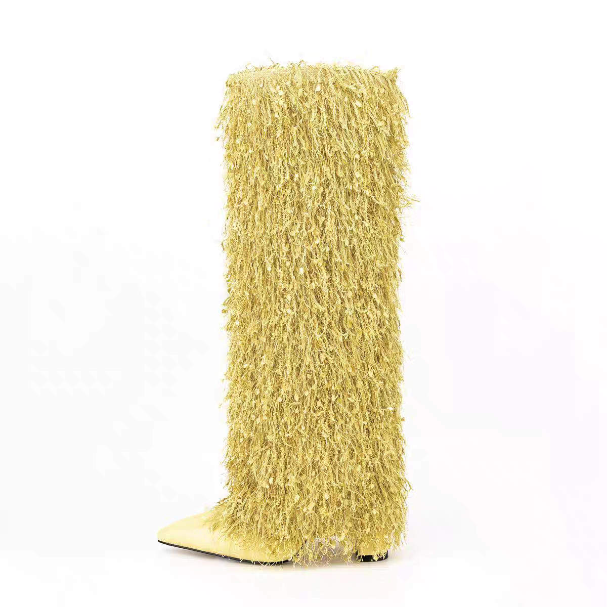 新款毛毛长筒靴女粗跟春秋毛线尖头高跟裤管靴套筒超个性流苏靴子