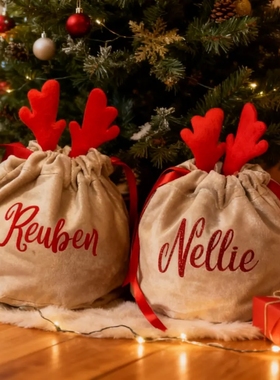 定制名字圣诞节礼物抽绳袋子 驯鹿糖果袋Christmas Eve Gift Bag