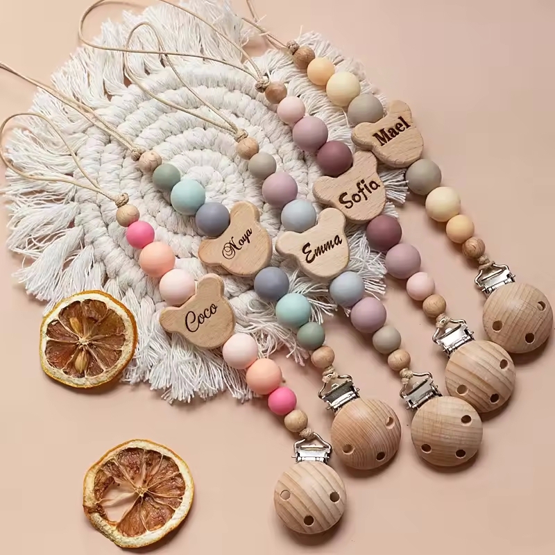 定制名字INS北欧风安抚奶嘴 榉木硅胶奶嘴链 Newborn Gift Stuff