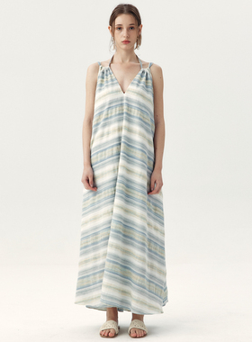 MON MYSTERE2025春夏新款蓝色V领条纹露背吊带连衣裙度假风长裙女