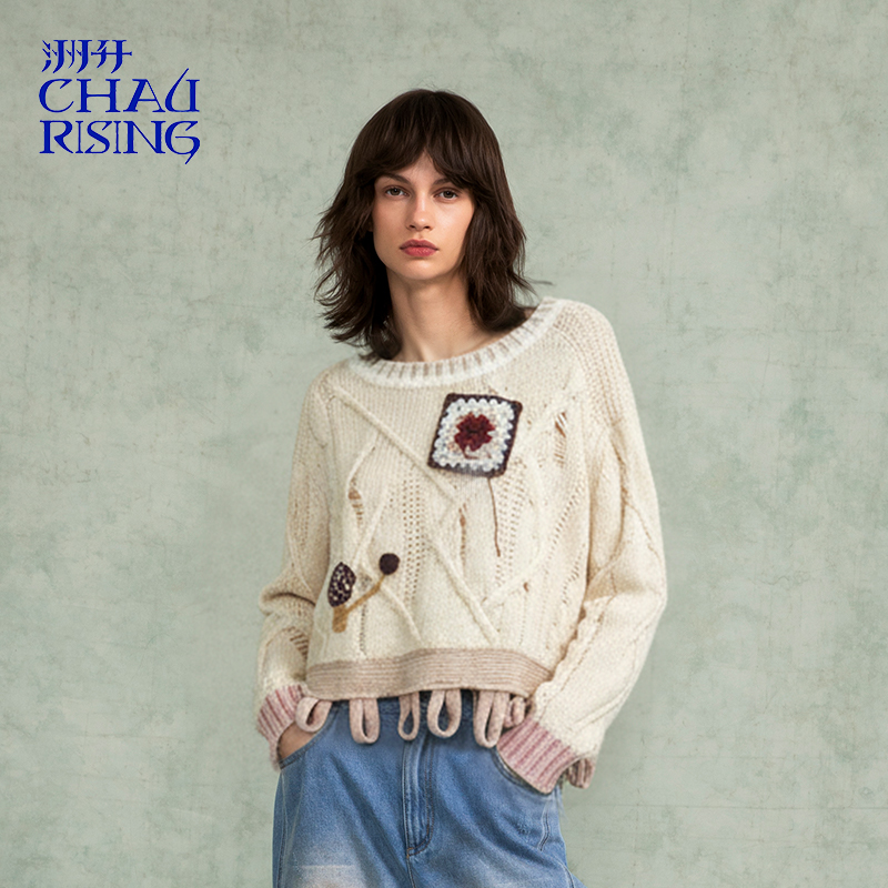 洲升/CHAU.RISING2025秋冬新款花纱流苏圆领羊绒套头复古毛衣女士