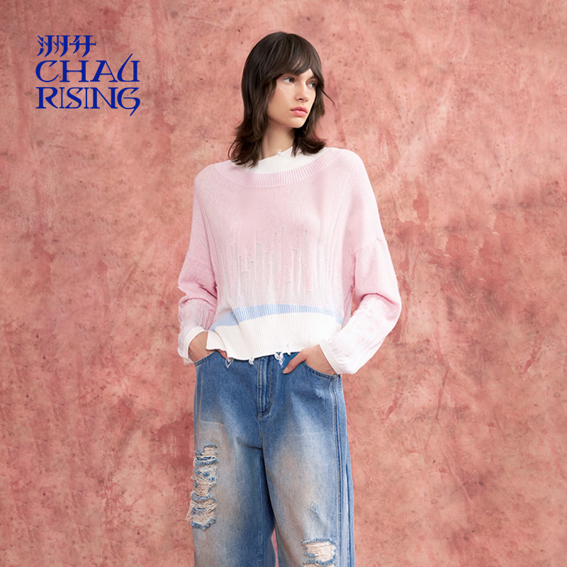 洲升/CHAU.RISING2025秋季新款不规则渐变羊绒套头衫针织衫上衣女