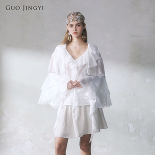 GUO JINGYI2026春夏新品法式浪漫白色流光宽松荷叶边飘纱衬衫女士