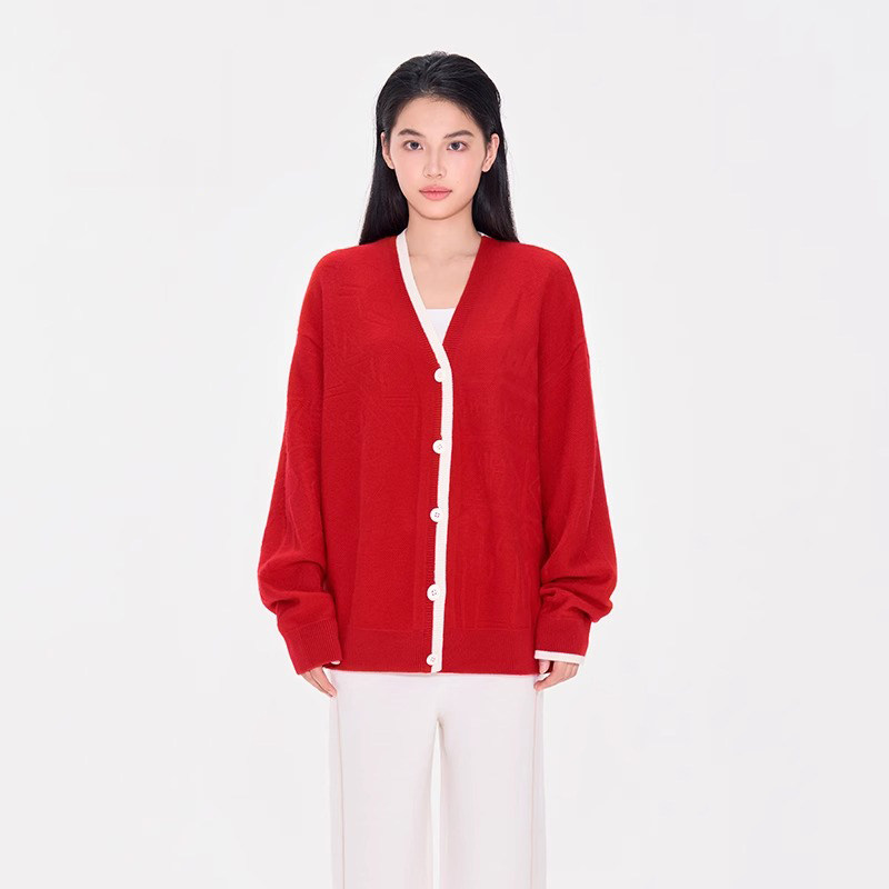 CHAU.RISING/洲升2025春季新款新年撞色纹羊绒开衫针织衫上衣女士