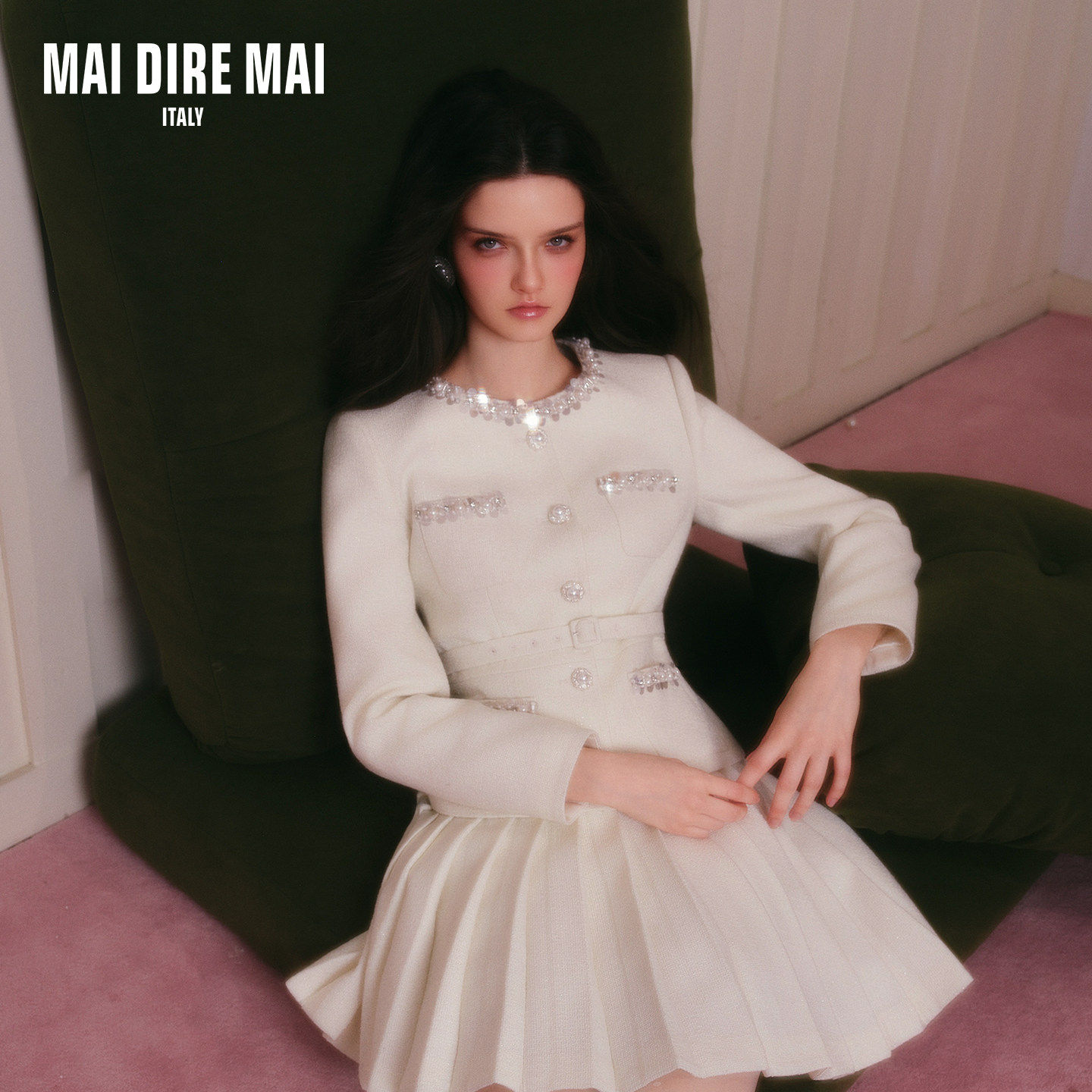 MAI DIRE MAI2026早春珍珠亮片长袖腰带羊毛外套高腰百褶半裙套装