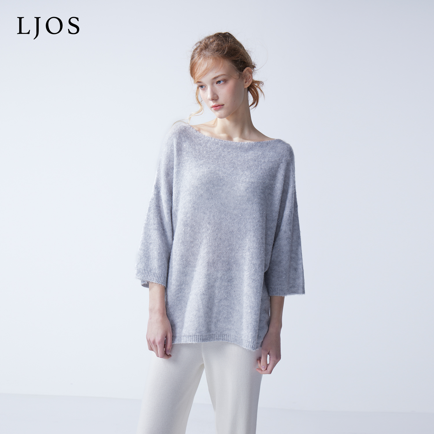 LJOS｜星银灰一字肩短袖亮片羊绒毛衣2025早秋灰色针织长袖上衣