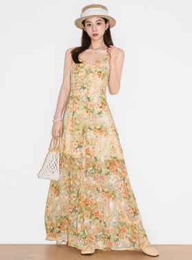QUEEN DATE2025春夏新款黄色复古花朵气质连衣裙印花度假吊带长裙