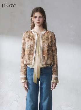 GUO JINGYI2026春夏复古潮流卡其金丝波伊姆宽松长袖花边外套女士
