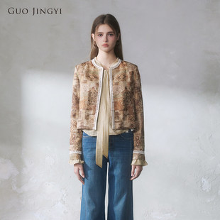 GUO JINGYI2026春夏复古潮流卡其金丝波伊姆宽松长袖花边外套女士