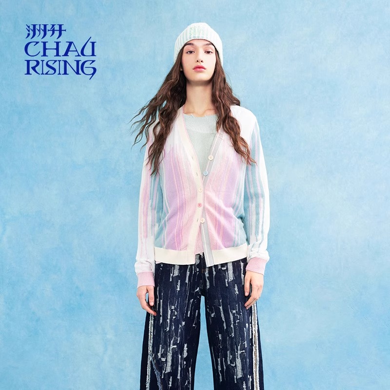 洲升/CHAU.RISING2025秋季新款渐变羊绒羊毛拼接开衫针织衫上衣女