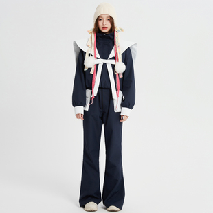 LEISURE2025春夏新款藏青色撞色海军领滑雪外套口袋滑雪背带裤女