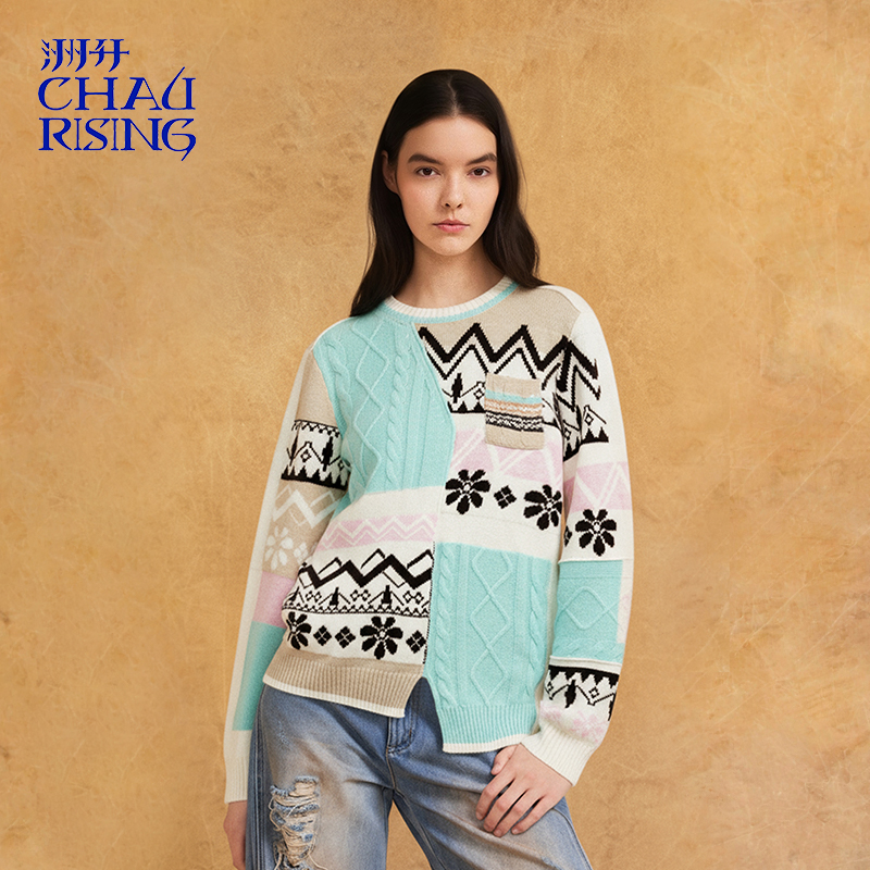 洲升/CHAU.RISING2025秋冬新款费尔岛拼接羊绒套头衫显白毛衣女士