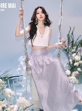 MAI DIRE MAI2025春夏新款亮片v领蝴蝶结背心上衣高腰优雅大摆裙