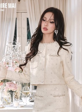 MAI DIRE MAI24秋冬新款奶油杏亮片羊毛圆领外套高腰长裙时尚套装