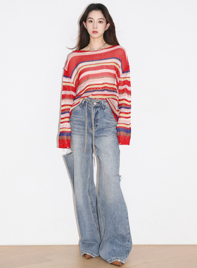 QUEEN DATE2025春夏新款条纹撞色网眼长袖蓝色破坏裂口牛仔阔腿裤