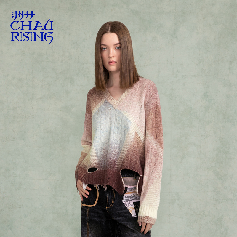 洲升/CHAU.RISING2025秋冬新款V领印花羊绒衫复古游牧风套头毛衣