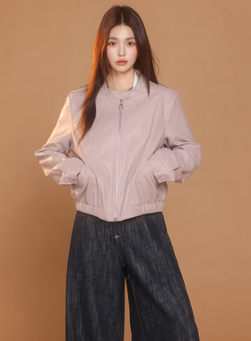 QUEEN DATE2025春夏新款淡紫Biker Style短款皮衣休闲百搭短外套
