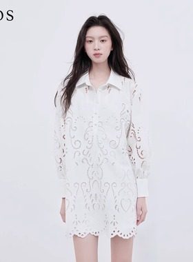 LJOS2025春夏新款宫廷风镂空刺绣连衣裙女白色长袖衬衫裙法式重工