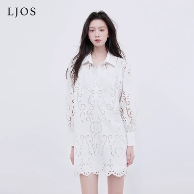 LJOS2025春夏新款宫廷风镂空刺绣连衣裙女白色长袖衬衫裙法式重工