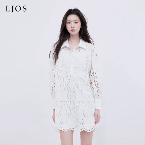 LJOS2025春夏新款宫廷风镂空刺绣连衣裙女白色长袖衬衫裙法式重工