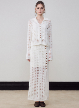 MON MYSTERE设计师品牌2024秋冬新款白色镂空针织开衫半身裙套装