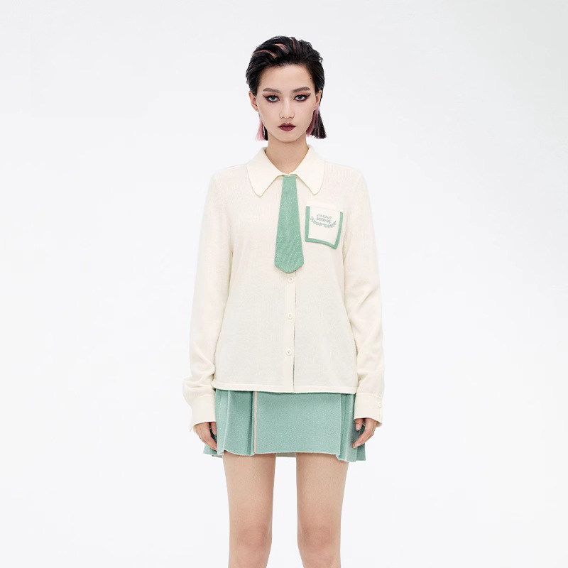 CHAU.RISING/洲升2024冬季新款领带羊绒polo领撞色开衫上衣女百搭