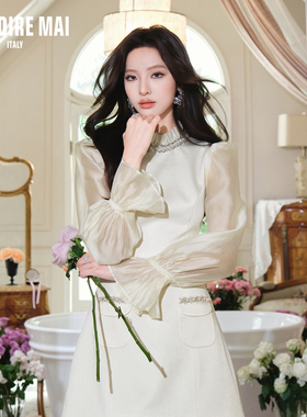 MAI DIRE MAI2025秋季法式浪漫花边领钻链拼接纱长袖收腰连衣女
