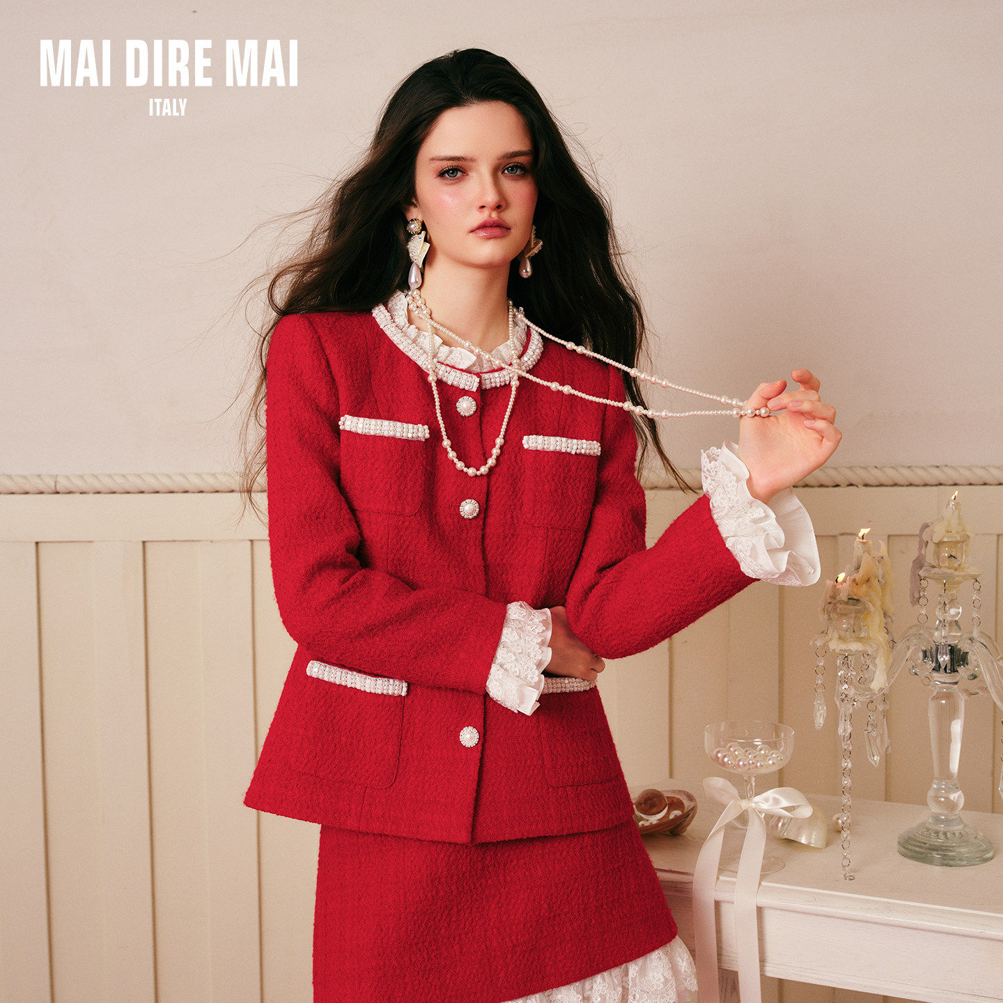 MAI DIRE MAI2026早春蕾丝边珍珠法式羊毛外套新年高腰半裙套装女