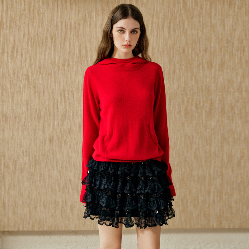 YEESIN2025秋冬新款纯羊绒大红色连帽针织衫节日温暖帽衫时尚百搭