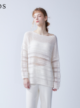 LJOS｜椰奶白斜肩镂空钩织亮片羊绒毛衣2025早秋白色长袖针织上衣