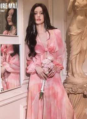 MAI DIRE MAI 24秋冬新款扎染樱花粉蝴蝶结长袖v领高腰浪漫连衣裙